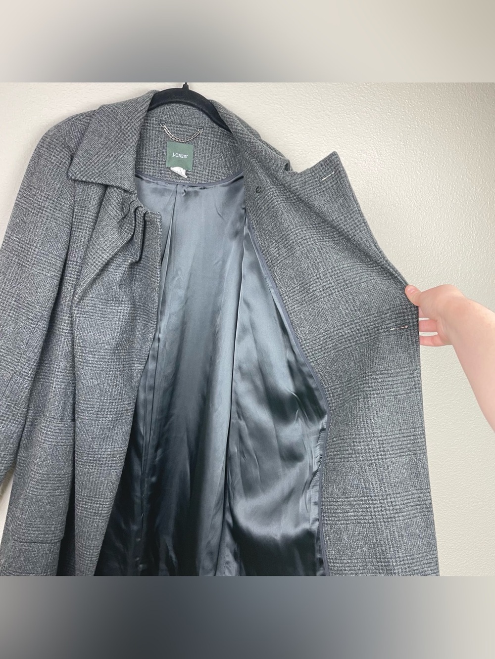 J.Crew Women's 10 Gray Plaid 100% Wool Blend Overcoat Highneck Posh Academia - Picture 11 of 16